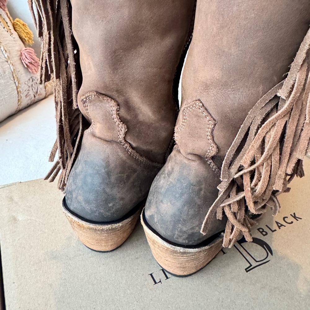 Like New, With Box Liberty Black Brown Fringe Trim Heeled Ophelia Cowboy Boots - Picture 16 of 17